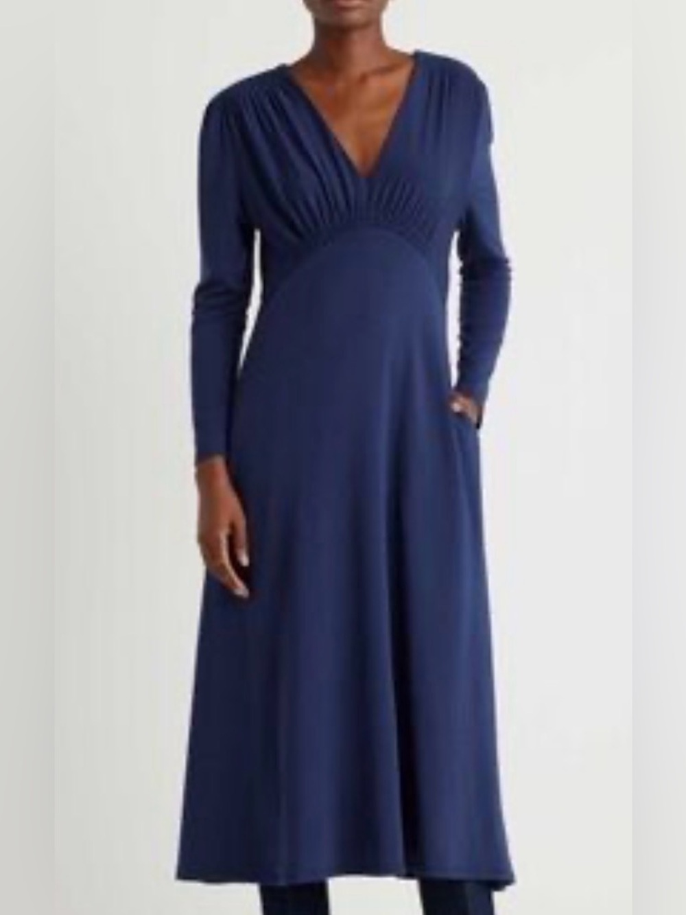 Quince Navy Long-Sleeve V-Neck Maxi Dress XS